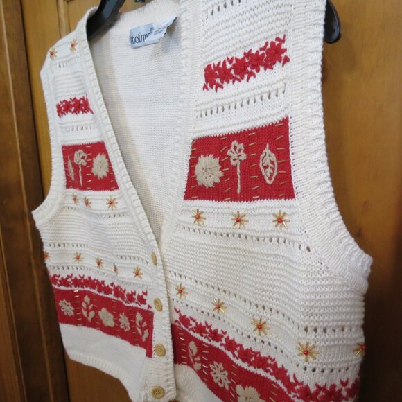 VTG That's Me Fall Sweater Vest Cream & Rust Leaves Button Size Large - Picture 3 of 8